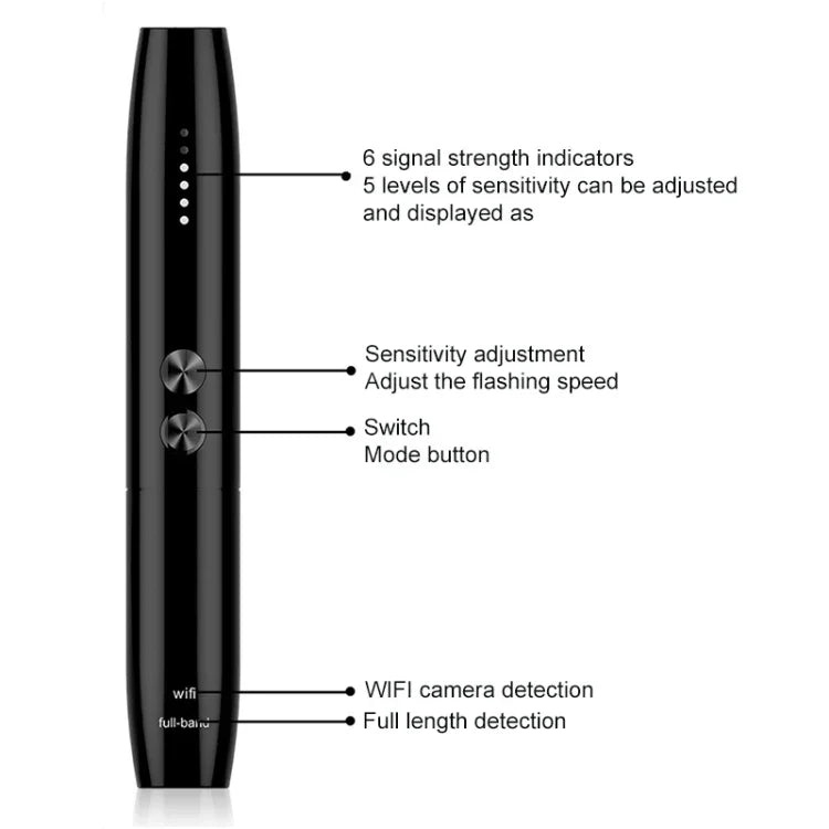 WT09 wireless signal detection device with sensitivity adjustment and signal strength indicators.
