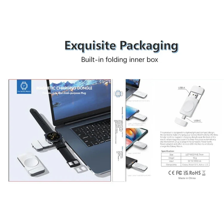 U8S USB / Type-C 자석 무선 충전기, 삼성 워치 3 / 4, 4 클래식, 액티브 1 / 2용 고속 충전기