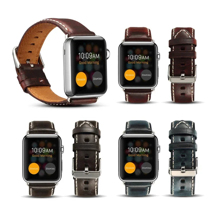Denior 오일 왁스 레트로 시계 가죽 밴드, Apple Watch 시리즈 7 45mm / 6 & SE & 5 & 4 44mm / 3 & 2 & 1 42mm용
