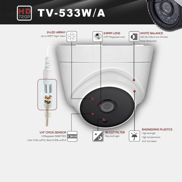 533A CE 및 RoHS 인증 방수 3.6mm 3MP 렌즈 AHD 카메라 2 IR LED 배열 포함, 야간 투시 및 화이트 밸런스 지원, 533A-H2, 533A-W, 533A-L