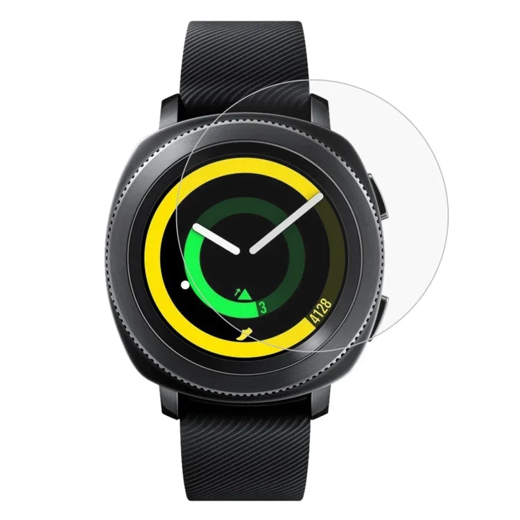 Samsung Gear Sport tempered glass screen protector applied on a smartwatch display with a black strap.