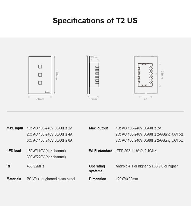 Sonoff T2 터치 120mm 강화 유리 패널 벽 스위치 스마트 홈 라이트 터치 스위치, Alexa 및 Google Home 호환, AC 100V-240V, 미국 플러그, 120mm/ 3 미국 플러그