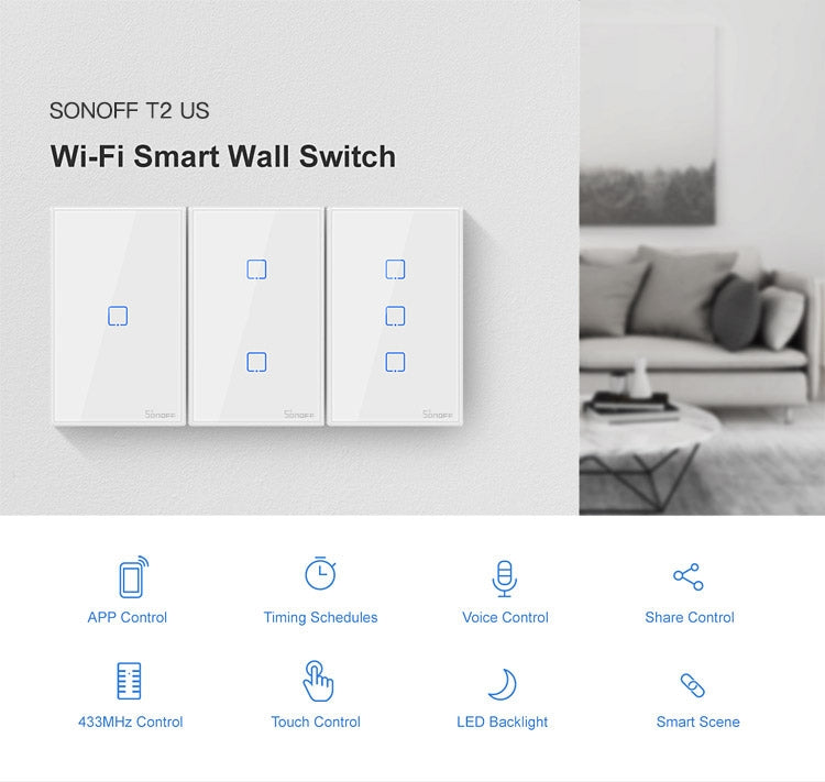 Sonoff T2 터치 120mm 강화 유리 패널 벽 스위치 스마트 홈 라이트 터치 스위치, Alexa 및 Google Home 호환, AC 100V-240V, 미국 플러그, 120mm/ 3 미국 플러그