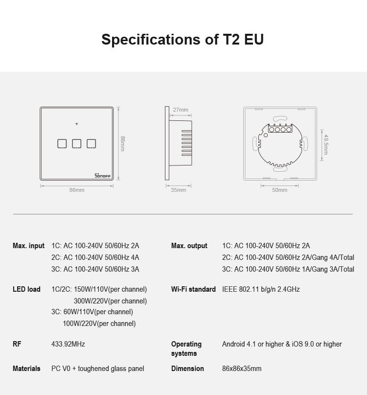 Sonoff T2 터치 86mm 강화 유리 패널 벽 스위치 스마트 홈 조명 터치 스위치, Alexa 및 Google Home 호환, AC 100V-240V, EU 플러그, 86mm/ 2 EU 플러그