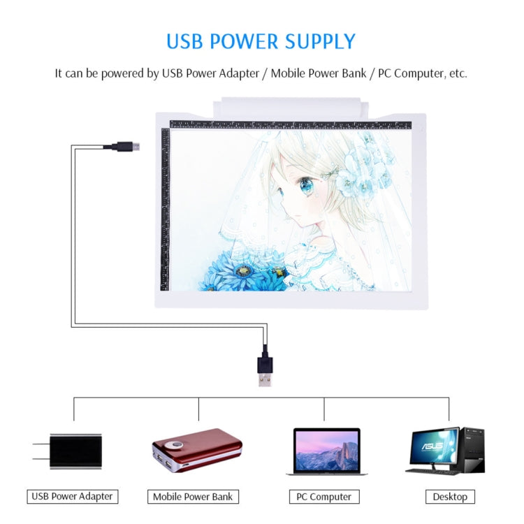 A4-19 6.5W 3단계 밝기 조절 가능한 A4 LED 드로잉 스케치패드 라이트 패드, USB 케이블 포함