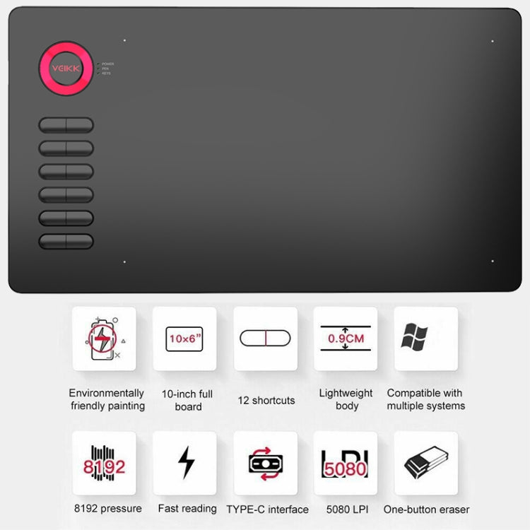 VEIKK A15 10x6 inch 5080 LPI Smart Touch Electronic Graphic Tablet, with Type-C Interface, A15 Red, A15 Gold, A15 Blue