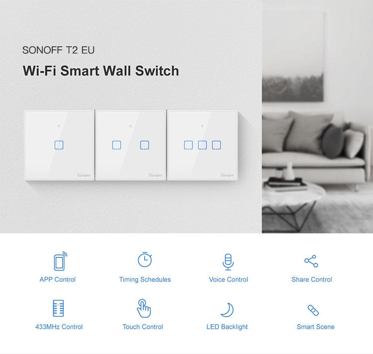 Sonoff T2 터치 86mm 강화유리 패널 벽 스위치 스마트 홈 라이트 터치 스위치, Alexa 및 Google Home 호환, AC 100V-240V, EU 플러그, 86mm/ 3 EU 플러그