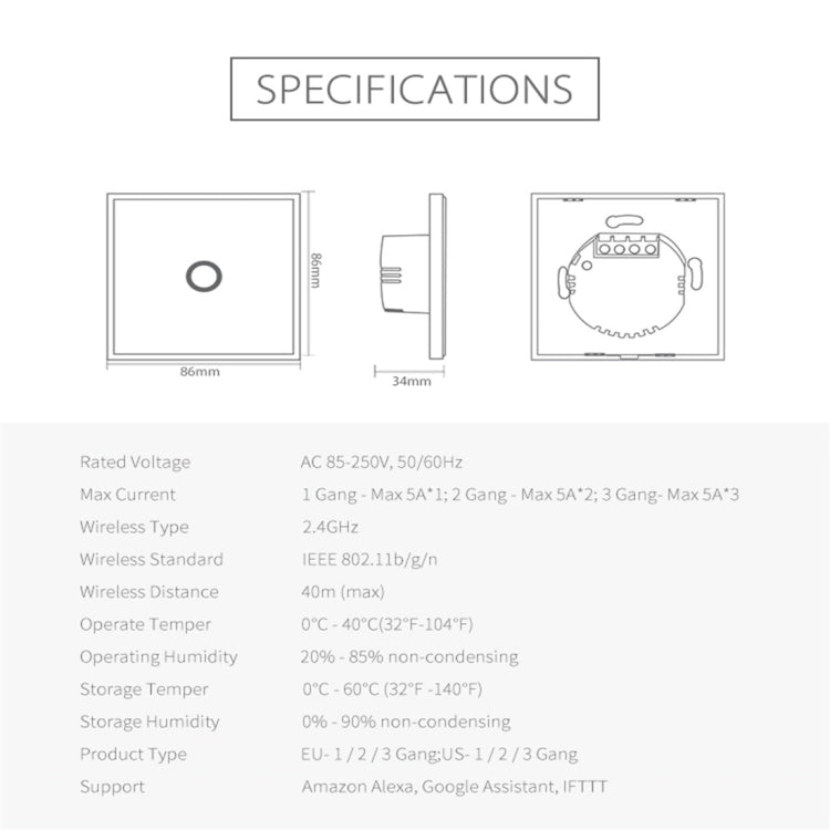 NEO NAS-SC01W 무선 와이파이 EU 스마트 조명 제어 스위치 1구, 1구