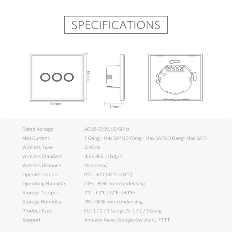 NEO NAS-SC03W 무선 와이파이 EU 스마트 조명 제어 스위치 3갱, 3갱