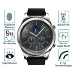 Samsung Gear S3 tempered glass screen protector showing fingerprint resistance, 9H hardness, and smooth glass touch benefits.