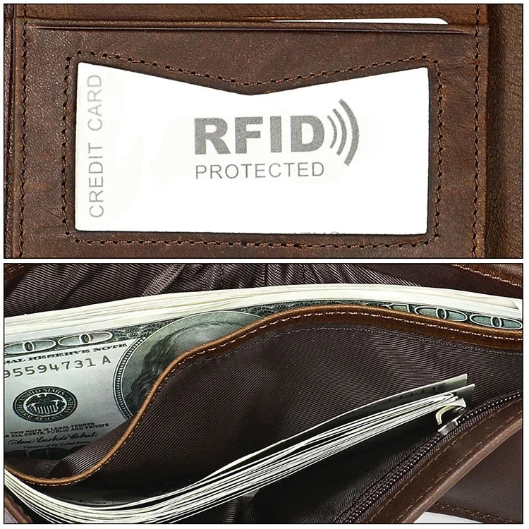 8020 가로형 레트로 크레이지 호스 텍스처 가죽 자성 방지 RFID 지갑 클러치 백 남성용, 카드 슬롯 포함, 8020 블랙, 8020 커피, 8020 황갈색