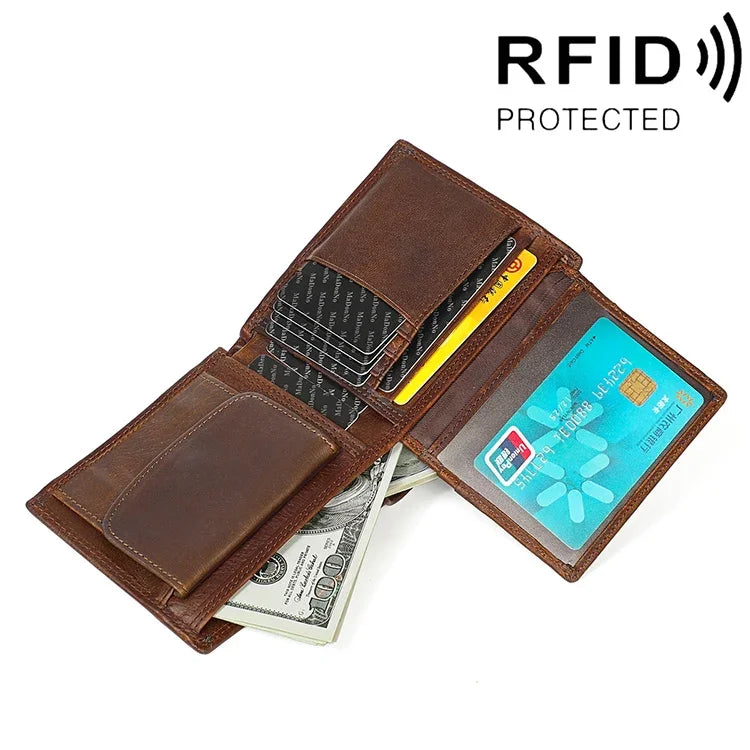 8020 가로형 레트로 크레이지 호스 텍스처 가죽 자성 방지 RFID 지갑 클러치 백 남성용, 카드 슬롯 포함, 8020 블랙, 8020 커피, 8020 황갈색