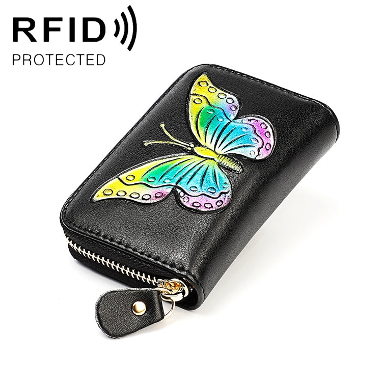 KB152 나비 패턴 지퍼 소가죽 가죽 오르간형 다중 카드 슬롯 안티마그네틱 RFID 여성용 지갑, KB152 컬러, KB152 블루, KB152 퍼플, KB152 실버