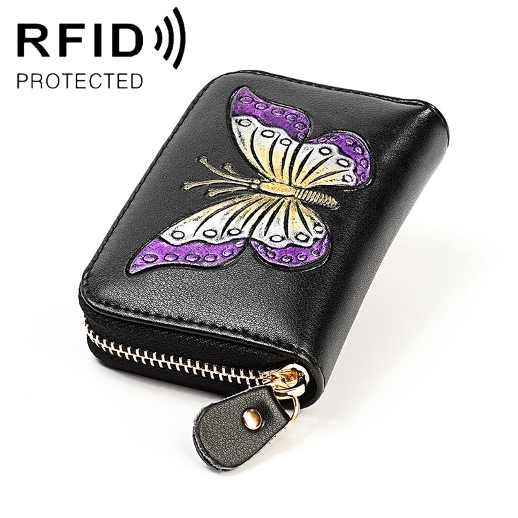 KB152 나비 패턴 지퍼 소가죽 가죽 오르간형 다중 카드 슬롯 안티마그네틱 RFID 여성용 지갑, KB152 컬러, KB152 블루, KB152 퍼플, KB152 실버