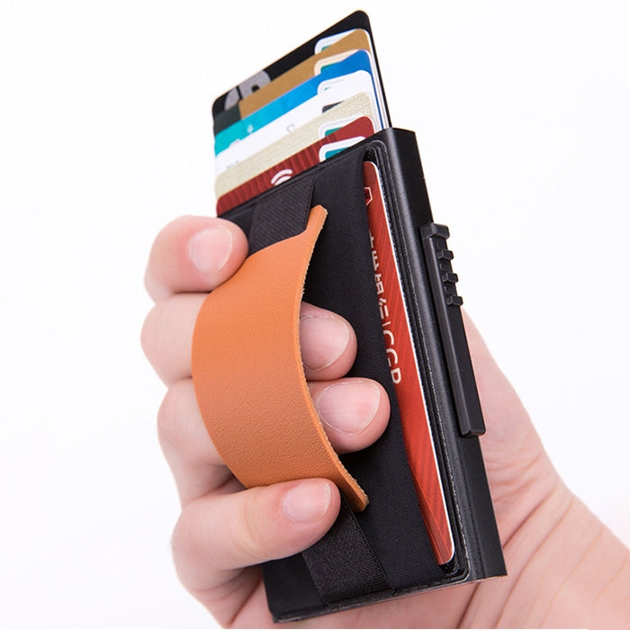 X-32C 자동 팝업 카드형 안티마그네틱 RFID 도난 방지 남성용 알루미늄 합금 A 다이얼 버튼 탄성 가방 지갑 PU 가죽 스트랩, X-32C A 다이얼 버튼 블랙, X-32C A 다이얼 버튼 실버
