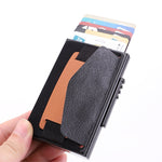 X-32C 자동 팝업 카드형 안티마그네틱 RFID 도난 방지 남성용 알루미늄 합금 A 다이얼 버튼 탄성 가방 지갑 PU 가죽 스트랩, X-32C A 다이얼 버튼 블랙, X-32C A 다이얼 버튼 실버