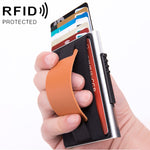 X-32C 자동 팝업 카드형 안티마그네틱 RFID 도난 방지 남성용 알루미늄 합금 A 다이얼 버튼 탄성 가방 지갑 PU 가죽 스트랩, X-32C A 다이얼 버튼 블랙, X-32C A 다이얼 버튼 실버