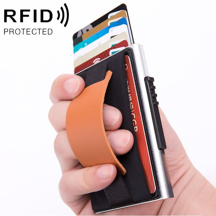X-32C 자동 팝업 카드형 안티마그네틱 RFID 도난 방지 남성용 알루미늄 합금 A 다이얼 버튼 탄성 가방 지갑 PU 가죽 스트랩, X-32C A 다이얼 버튼 블랙, X-32C A 다이얼 버튼 실버