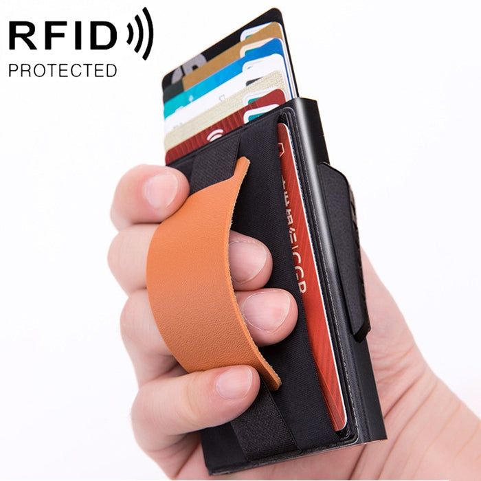X-32C 자동 팝업 카드형 안티마그네틱 RFID 도난 방지 남성용 알루미늄 합금 B 다이얼 버튼 탄성 가방 지갑 PU 가죽 스트랩, X-32C B 다이얼 버튼 그레이, X-32C B 다이얼 버튼 블루, X-32C B 다이얼 버튼 블랙