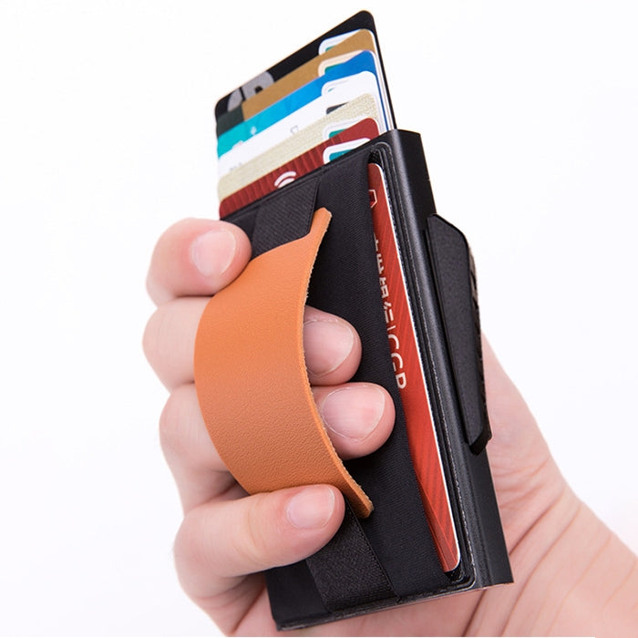 X-32C 자동 팝업 카드형 안티마그네틱 RFID 도난 방지 남성용 알루미늄 합금 B 다이얼 버튼 탄성 가방 지갑 PU 가죽 스트랩, X-32C B 다이얼 버튼 그레이, X-32C B 다이얼 버튼 블루, X-32C B 다이얼 버튼 블랙