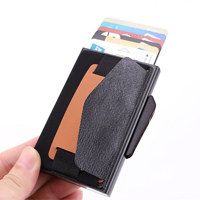 X-32C 자동 팝업 카드형 안티마그네틱 RFID 도난 방지 남성용 알루미늄 합금 B 다이얼 버튼 탄성 가방 지갑 PU 가죽 스트랩, X-32C B 다이얼 버튼 그레이, X-32C B 다이얼 버튼 블루, X-32C B 다이얼 버튼 블랙