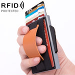 X-32C 자동 팝업 카드형 안티마그네틱 RFID 도난 방지 남성용 알루미늄 합금 B 다이얼 버튼 탄성 가방 지갑 PU 가죽 스트랩, X-32C B 다이얼 버튼 그레이, X-32C B 다이얼 버튼 블루, X-32C B 다이얼 버튼 블랙