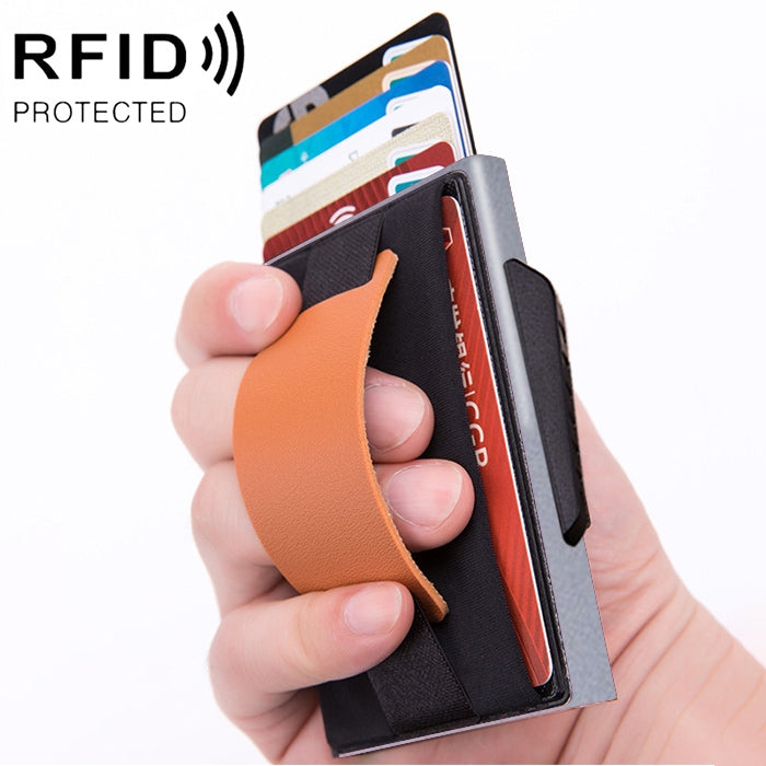 X-32C 자동 팝업 카드형 안티마그네틱 RFID 도난 방지 남성용 알루미늄 합금 B 다이얼 버튼 탄성 가방 지갑 PU 가죽 스트랩, X-32C B 다이얼 버튼 그레이, X-32C B 다이얼 버튼 블루, X-32C B 다이얼 버튼 블랙