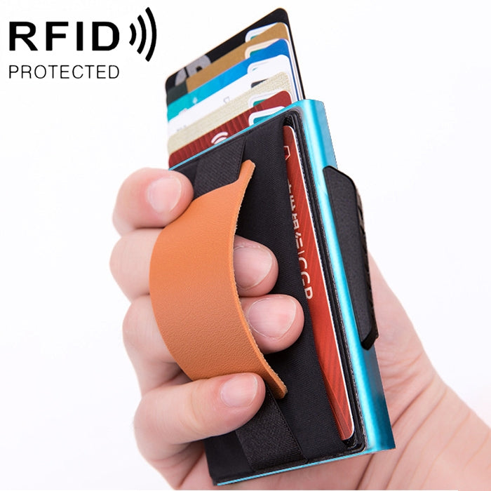 X-32C 자동 팝업 카드형 안티마그네틱 RFID 도난 방지 남성용 알루미늄 합금 B 다이얼 버튼 탄성 가방 지갑 PU 가죽 스트랩, X-32C B 다이얼 버튼 그레이, X-32C B 다이얼 버튼 블루, X-32C B 다이얼 버튼 블랙