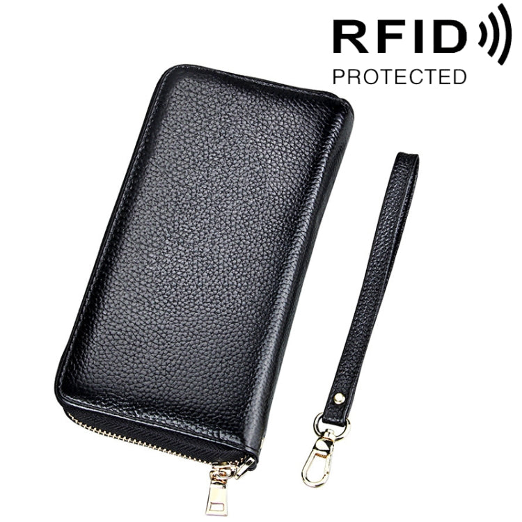 정품 소가죽 리치 텍스처 지퍼 롱 스타일 카드 홀더 지갑 RFID 차단 동전 지갑 카드 가방 보호 케이스 손목 스트랩 포함 여성용, 크기: 20*10.5*3cm