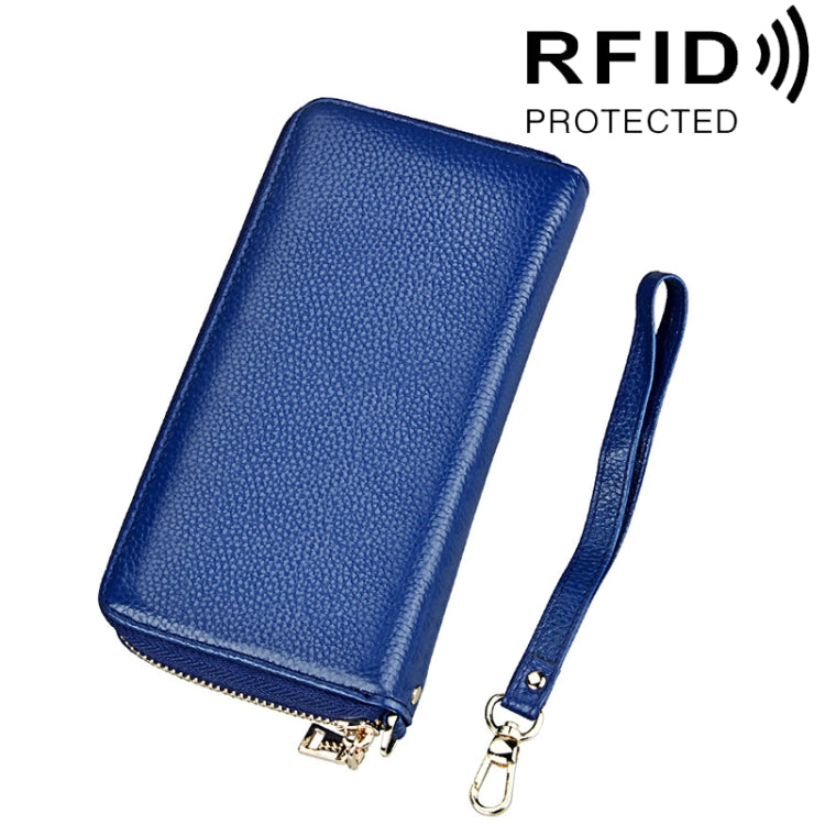 정품 소가죽 리치 텍스처 지퍼 롱 스타일 카드 홀더 지갑 RFID 차단 동전 지갑 카드 가방 보호 케이스 손목 스트랩 포함 여성용, 크기: 20*10.5*3cm