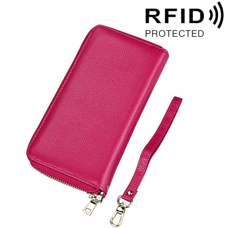 정품 소가죽 리치 텍스처 지퍼 롱 스타일 카드 홀더 지갑 RFID 차단 동전 지갑 카드 가방 보호 케이스 손목 스트랩 포함 여성용, 크기: 20*10.5*3cm