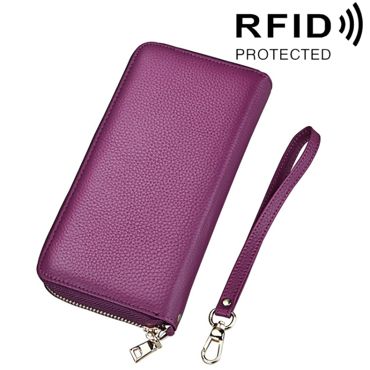 정품 소가죽 리치 텍스처 지퍼 롱 스타일 카드 홀더 지갑 RFID 차단 동전 지갑 카드 가방 보호 케이스 손목 스트랩 포함 여성용, 크기: 20*10.5*3cm