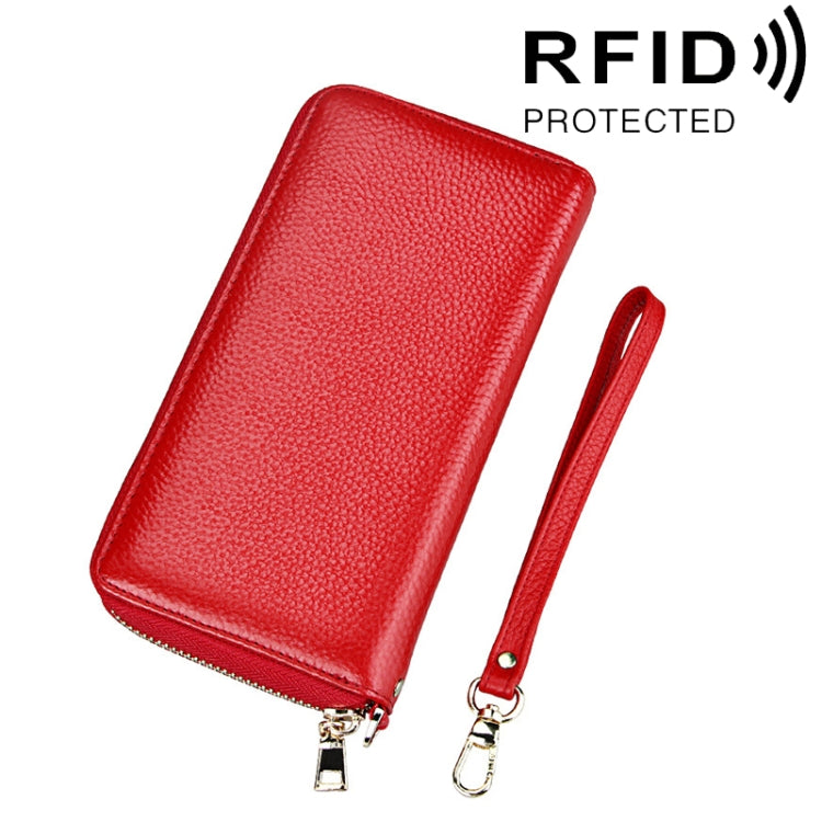 정품 소가죽 리치 텍스처 지퍼 롱 스타일 카드 홀더 지갑 RFID 차단 동전 지갑 카드 가방 보호 케이스 손목 스트랩 포함 여성용, 크기: 20*10.5*3cm