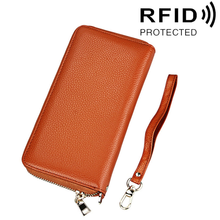 정품 소가죽 리치 텍스처 지퍼 롱 스타일 카드 홀더 지갑 RFID 차단 동전 지갑 카드 가방 보호 케이스 손목 스트랩 포함 여성용, 크기: 20*10.5*3cm