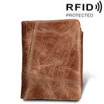 정품 소가죽 크레이지 호스 텍스처 지퍼 3단 접이식 짧은 스타일 카드 홀더 지갑 RFID 차단 동전 지갑 카드 가방 보호 케이스 남성용, 크기: 12*9.5*4cm(토프), 3585