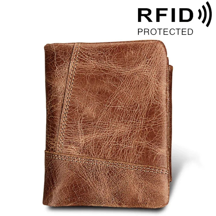 정품 소가죽 크레이지 호스 텍스처 지퍼 3단 접이식 짧은 스타일 카드 홀더 지갑 RFID 차단 동전 지갑 카드 가방 보호 케이스 남성용, 크기: 12*9.5*4cm(토프), 3585