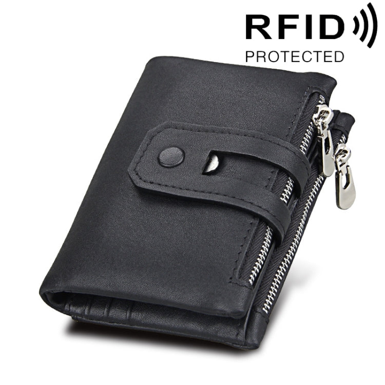 정품 소가죽 크레이지 호스 텍스처 지퍼 3단 카드 홀더 지갑 RFID 차단 동전 지갑 카드 가방 보호 케이스 남성용, 크기: 12*9.5*3.5cm