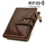 정품 소가죽 크레이지 호스 텍스처 지퍼 3단 카드 홀더 지갑 RFID 차단 동전 지갑 카드 가방 보호 케이스 남성용, 크기: 12*9.5*3.5cm