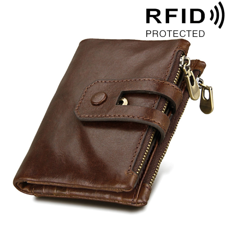 정품 소가죽 크레이지 호스 텍스처 지퍼 3단 카드 홀더 지갑 RFID 차단 동전 지갑 카드 가방 보호 케이스 남성용, 크기: 12*9.5*3.5cm