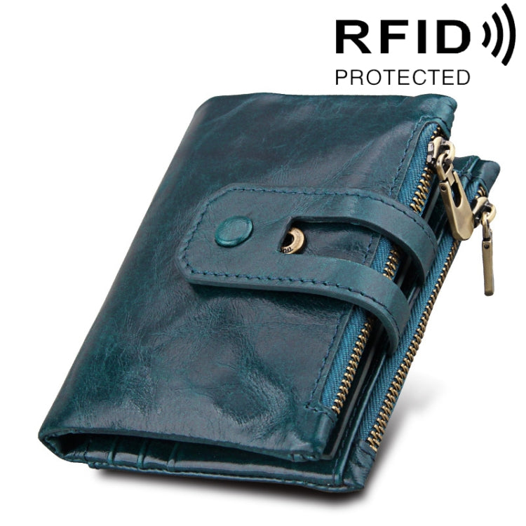 정품 소가죽 크레이지 호스 텍스처 지퍼 3단 카드 홀더 지갑 RFID 차단 동전 지갑 카드 가방 보호 케이스 남성용, 크기: 12*9.5*3.5cm