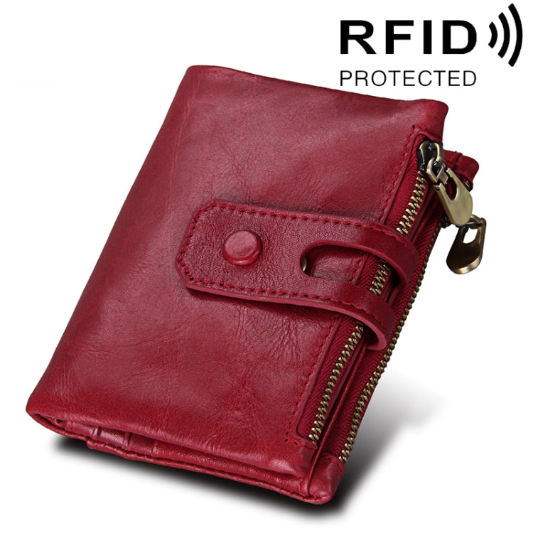 정품 소가죽 크레이지 호스 텍스처 지퍼 3단 카드 홀더 지갑 RFID 차단 동전 지갑 카드 가방 보호 케이스 남성용, 크기: 12*9.5*3.5cm