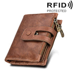 정품 소가죽 크레이지 호스 텍스처 지퍼 3단 카드 홀더 지갑 RFID 차단 동전 지갑 카드 가방 보호 케이스 남성용, 크기: 12*9.5*3.5cm
