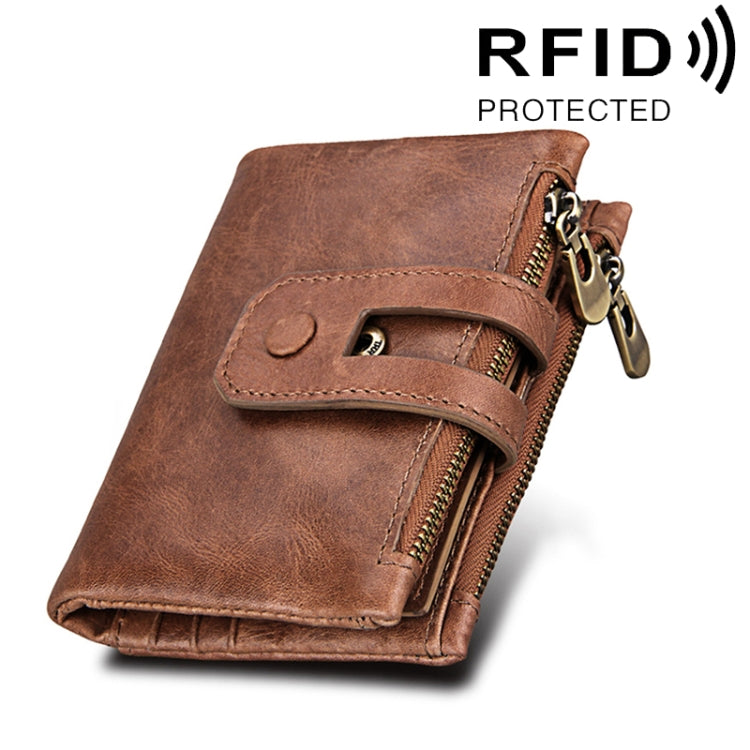 정품 소가죽 크레이지 호스 텍스처 지퍼 3단 카드 홀더 지갑 RFID 차단 동전 지갑 카드 가방 보호 케이스 남성용, 크기: 12*9.5*3.5cm