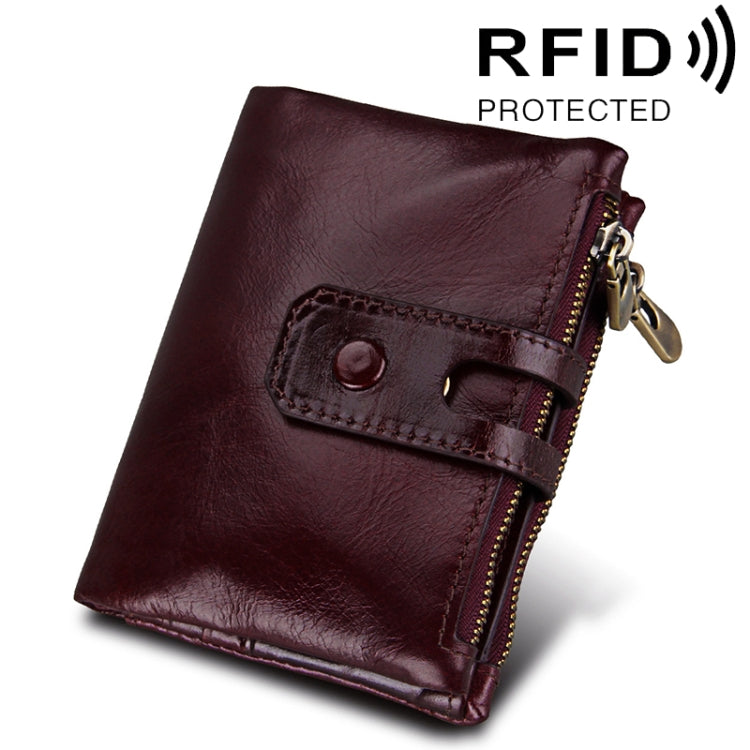 정품 소가죽 크레이지 호스 텍스처 지퍼 3단 카드 홀더 지갑 RFID 차단 동전 지갑 카드 가방 보호 케이스 남성용, 크기: 12*9.5*3.5cm