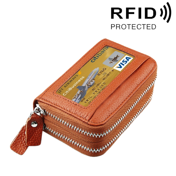 정품 소가죽 이중 레이어 단색 지퍼 카드 홀더 지갑 RFID 차단 동전 지갑 카드 가방 보호 케이스 11개 카드 슬롯 및 동전 수납 공간 포함, 사이즈: 11*7.5*4.5cm