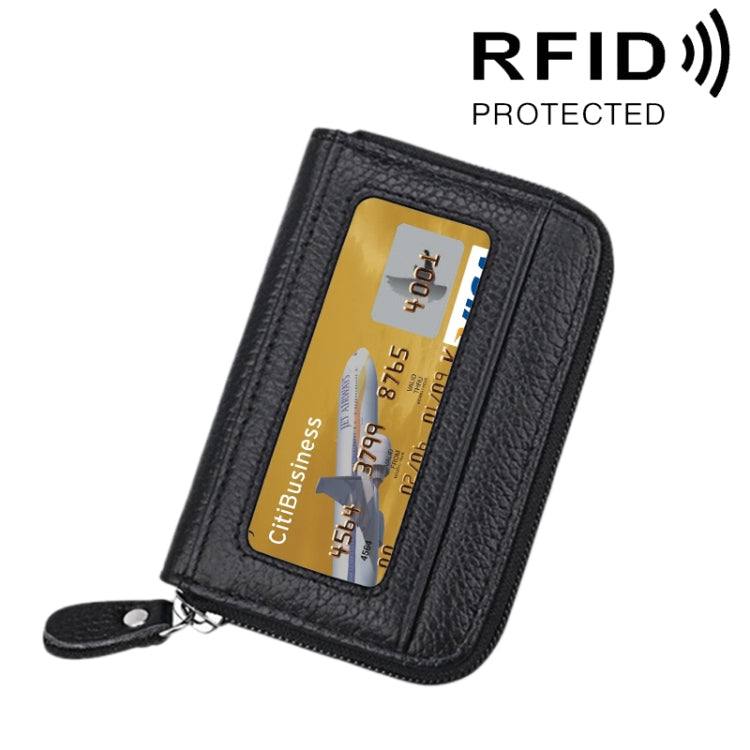 정품 소가죽 단색 지퍼 가로형 카드 지갑 RFID 차단 카드 가방 보호 케이스 12 카드 슬롯, 사이즈: 11.5*7.5cm