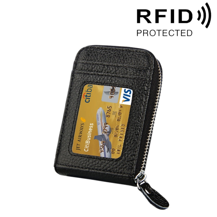 정품 소가죽 단색 지퍼 세로형 카드 지갑 RFID 차단 카드 가방 보호 케이스 12 카드 슬롯, 사이즈: 11.5*7.5cm
