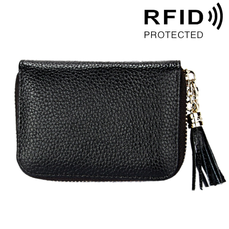 정품 소가죽 단색 지퍼 카드 홀더 지갑 RFID 차단 카드 가방 보호 케이스 동전 지갑 태슬 펜던트 및 15개 카드 슬롯 포함 여성용, 사이즈: 11.1*7.6*3.5cm