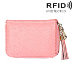 정품 소가죽 단색 지퍼 카드 홀더 지갑 RFID 차단 카드 가방 보호 케이스 동전 지갑 태슬 펜던트 및 15개 카드 슬롯 포함 여성용, 사이즈: 11.1*7.6*3.5cm