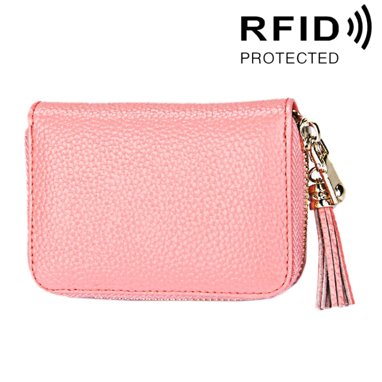 정품 소가죽 단색 지퍼 카드 홀더 지갑 RFID 차단 카드 가방 보호 케이스 동전 지갑 태슬 펜던트 및 15개 카드 슬롯 포함 여성용, 사이즈: 11.1*7.6*3.5cm